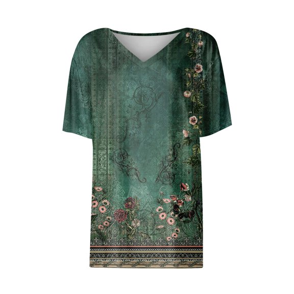 Round Neck Short Sleeve replaced V-neck vintage floral print women's t-shirts Soft Comfortable Polyester Clothes for Women Ideal for Beach Vacation Workout Office Tops