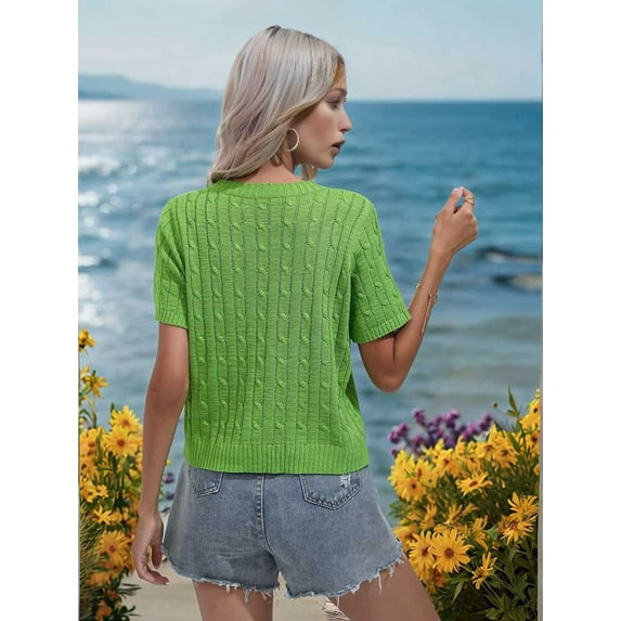 Round Neck Solid Color Sweater Green L