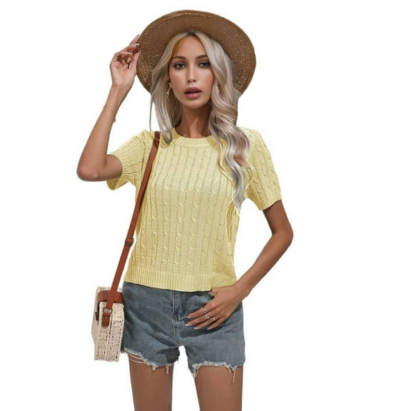 Round Neck Solid Color Sweater Light Yellow L