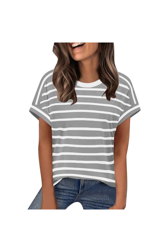 Round Neck Stripe Print Dolman Short Sleeve Polyester Blend Casual Top for Women Spring Summer Tee for Daily Wear S-XXL