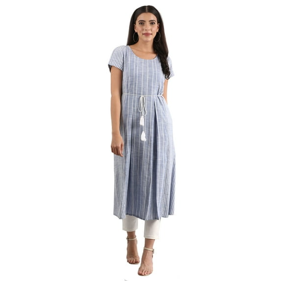 Round Neck Striped Liva Kurta - Blue-X Large