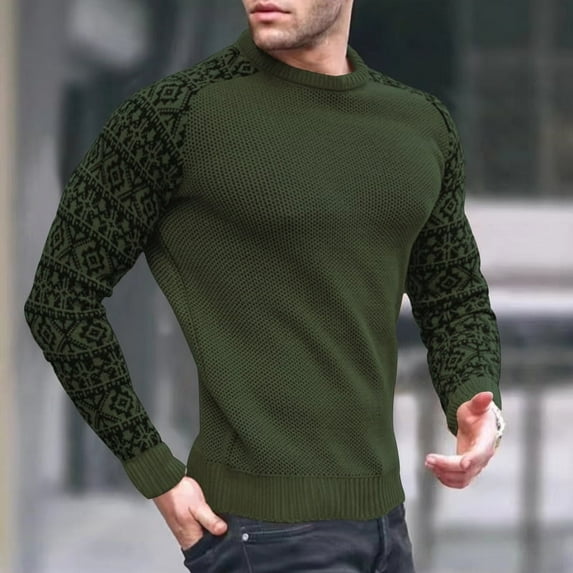 Round Neck Sweater With Patterned Sleeves (M, ArmyGreen)