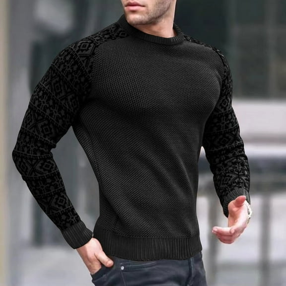 Round Neck Sweater With Patterned Sleeves (M, Black)