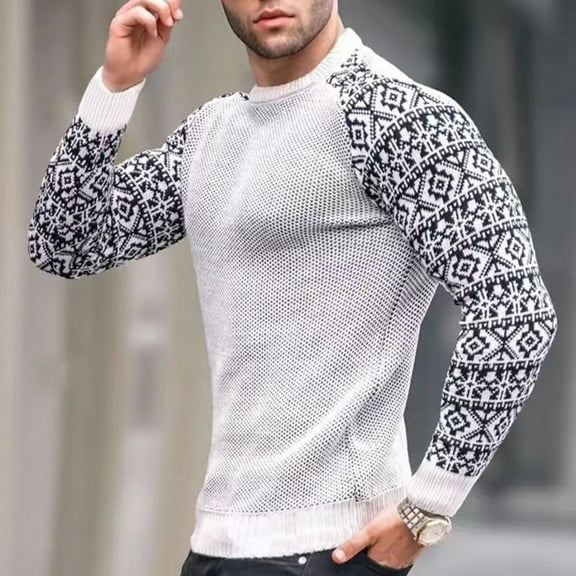 Round Neck Sweater With Patterned Sleeves (XL, White)