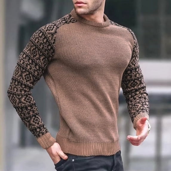 Round Neck Sweater With Patterned Sleeves (XXL, Beige)