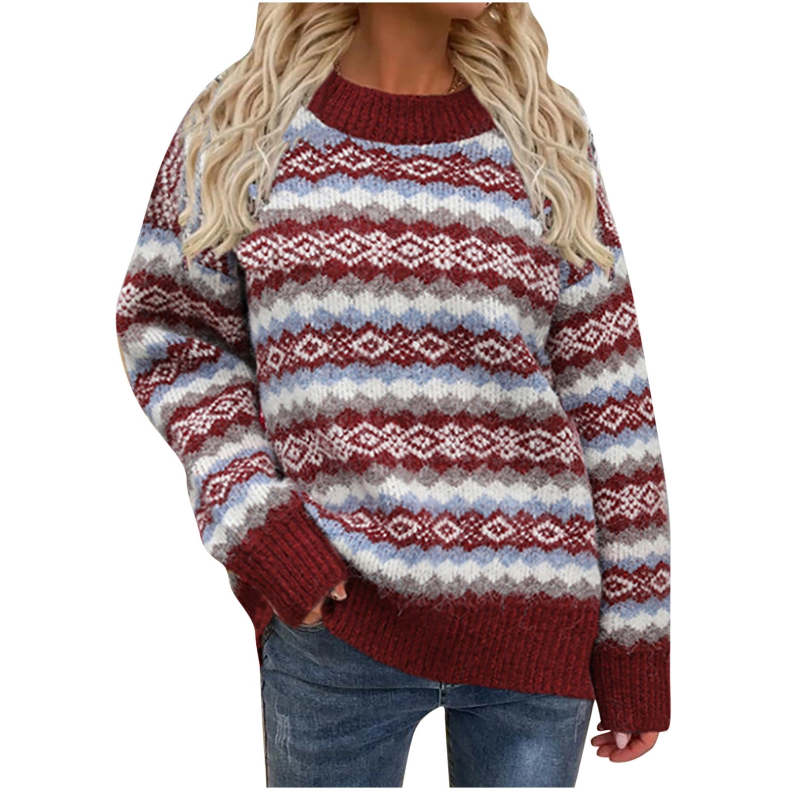 Women's Round Neck Printed Long Sleeve Sweater