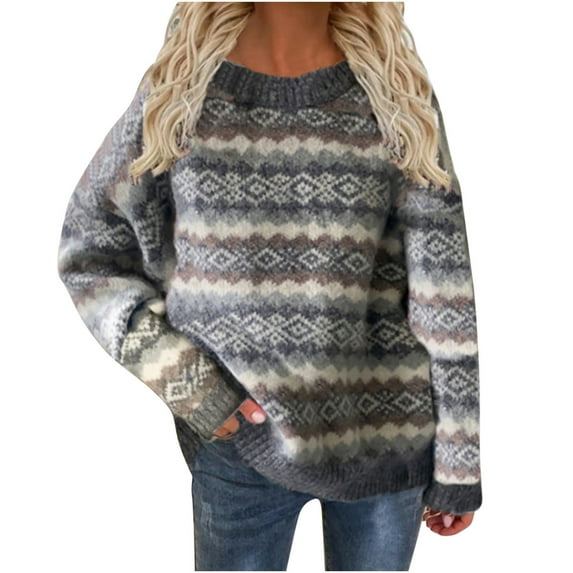 Round Neck Sweaters for Women Women Autumn And Winter Round Neck Long Sleeve Loose Pullover Knitted Thick Sweater Plus Size Tie-Dye Printed Gradient Pullover Stripe Button Long Sleeve Pullover