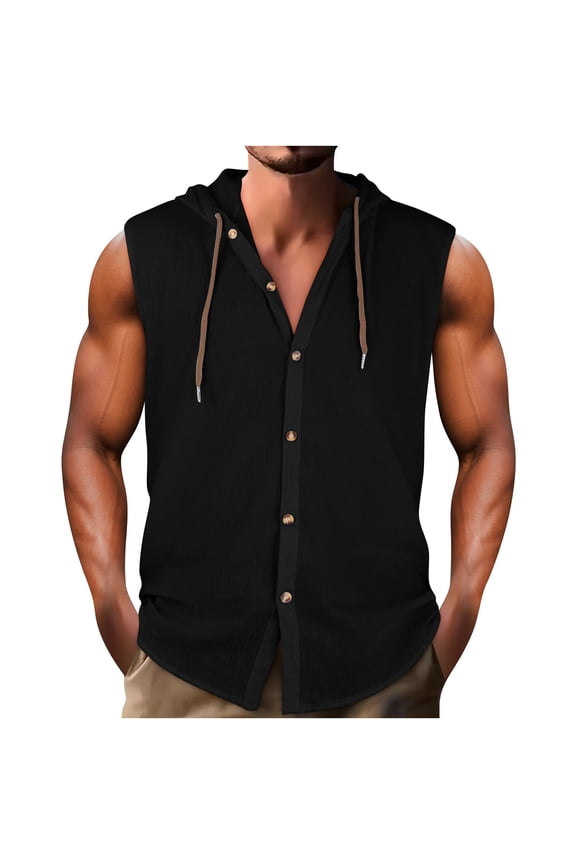 Round Neck Sweatshirt for Men Casual Sleeveless Linen Pullover Button down Hoodies Athletic Tops
