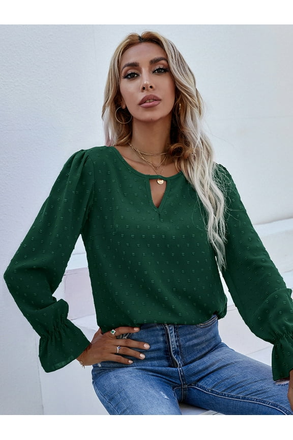 Round Neck Swiss Dot Cutout Front Long Sleeve Blouse for Women