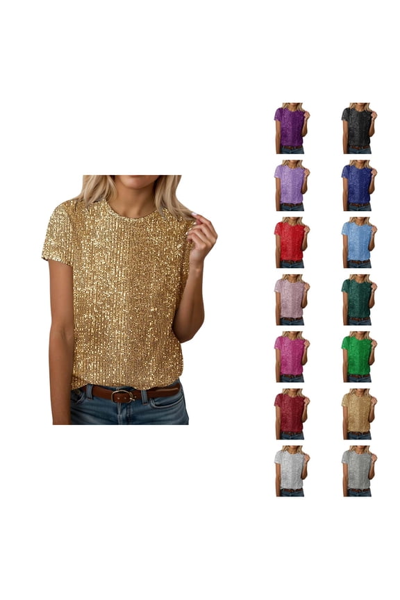 Round Neck T Shirt With Fashionable And Shiny Sequined Short Sleeved Top Paired With A Casual Solid Colored Elegant And Comfortable Top