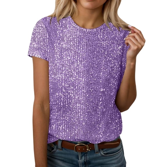 Round Neck T Shirt With Fashionable And Shiny Sequined Short Sleeved Top Paired With A Casual Solid Colored Elegant And Comfortable Top