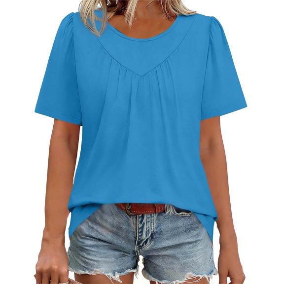 Round Neck T-Shirt for Women Pleated Front Short Sleeve Tops Summer Fashion Loose Tees