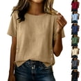 thumbnail image 1 of Round Neck Tops Summer Casual Tee Womens Oversized Summer T Shirts Women's Button Solid Color Linen Short Sleeved Top Black L, 1 of 9