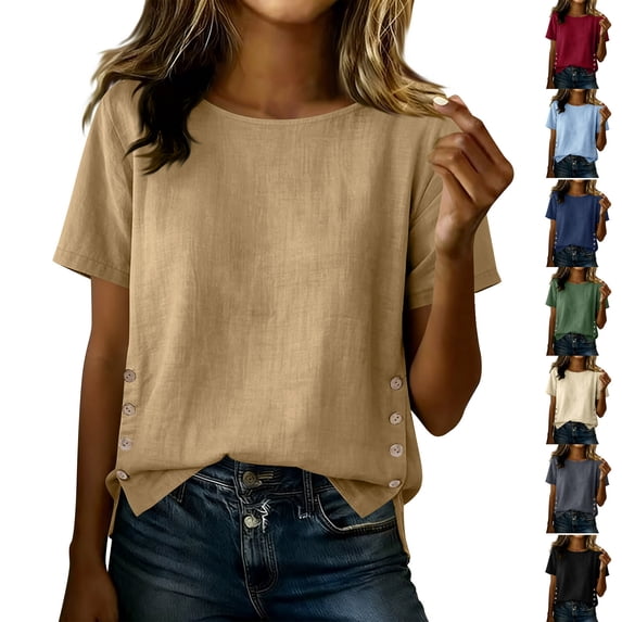Round Neck Tops Summer Casual Tee Womens Oversized Summer T Shirts Women's Button Solid Color Linen Short Sleeved Top Black L