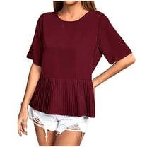 Round Neck Tops for Women Dressy Short Sleeve Elegant Summer Peplum Pleated Flowy Casual Blouse Shirt Trendy 2025