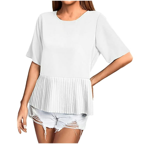 Round Neck Tops for Women Dressy Short Sleeve Elegant Summer Peplum Pleated Flowy Casual Blouse Shirt Trendy 2025