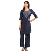 Round Neck Yarn-dyed Kurta - Dark Blue-Small