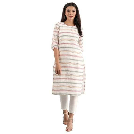 Round Neck Yarn-dyed Kurta - White-X Small