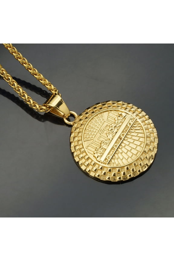 Round Necklace Gold Pendant Chain 14K White Gold Jewelry with Textured Building Man Hip Hop Necklace Father's Day Gift