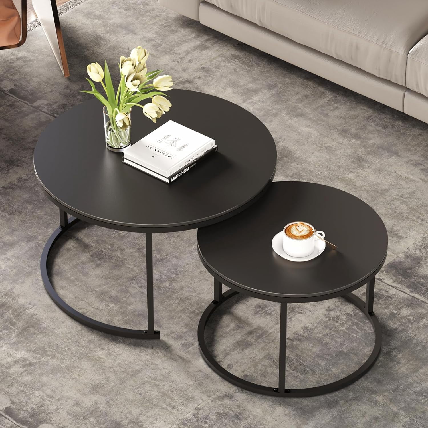 Round Nesting Black Coffee Table (Set of 2), Sintered Stone Top ...