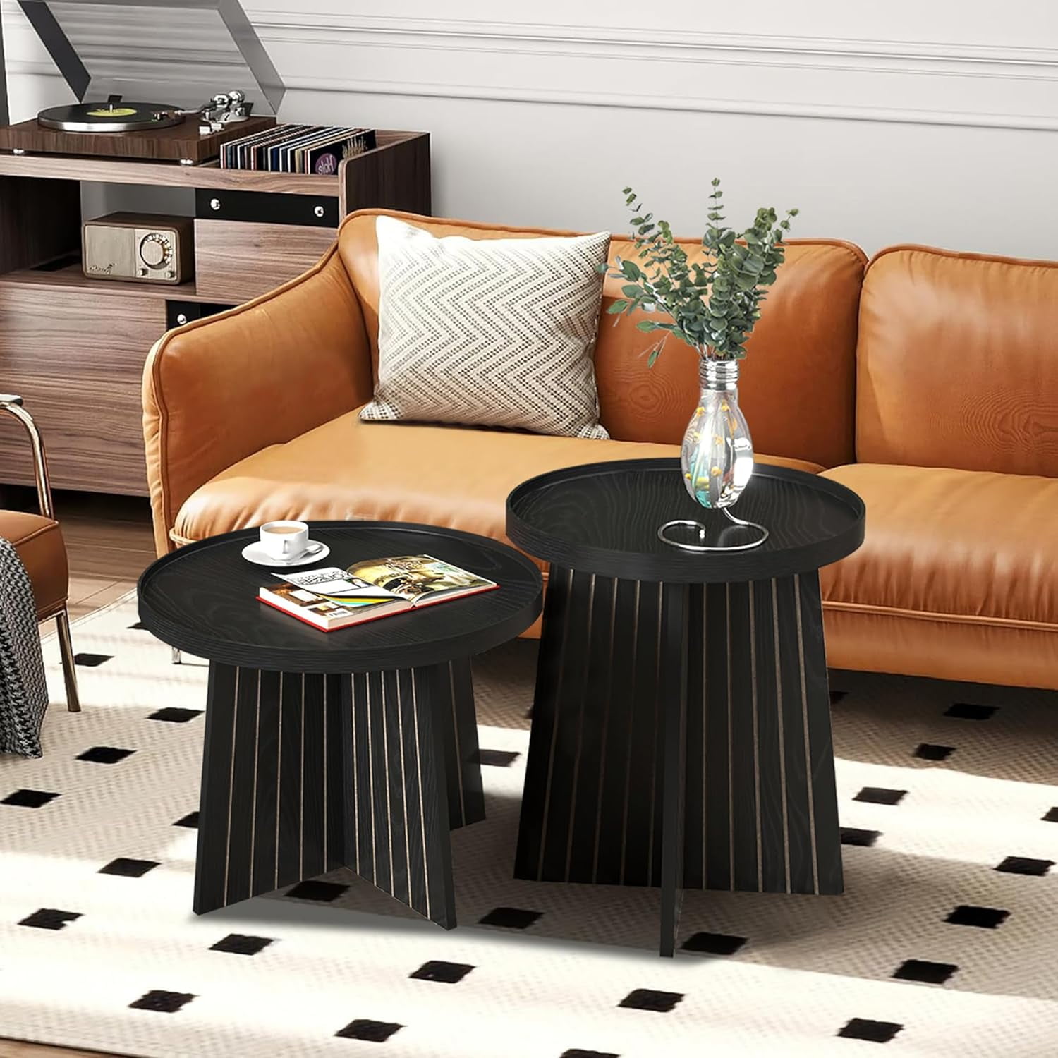Round Nesting Coffee Round Coffee Tables Living Room Wood Fluted Coffee Set Small Coffee Coffee ...