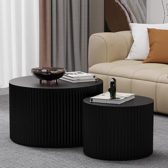 Round Nesting Coffee Table Modern Handcraft Side Table Vertical Stripe Design Drum Center Table for Living Room (D)