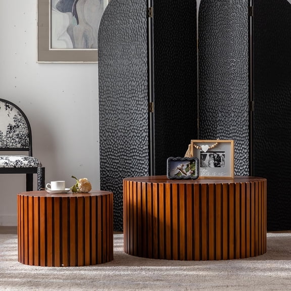 Round Nesting Coffee Table Set of 2, 2 Pieces Rustic Wood Coffee End Table, 2-Piece Wooden 27.56" Circle Living Room Set for Living Room Apartment Small Space, No Assembly (Walnut)