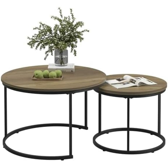 Round Nesting Coffee Table Set of 2, (27.56" Φ x 17.72" H & 19.69" Φ x 15.75" H) Industrial Nesting Tables for Living Room,Wood Grain Top with Adjustable Non-Slip Feet (Brown)