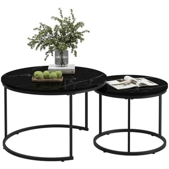 Round Nesting Coffee Table Set of 2, (27.56" Φ x 17.72" H & 19.69" Φ x 15.75" H Marble Pattern Wooden Table Top with Sturdy Black Metal Frame, Round Coffee Table for Living Room (Black)