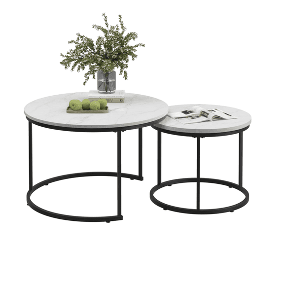 Round Nesting Coffee Table Set of 2, 27.6-inch Round Coffee Side Table, Faux Marble Wooden Table Accent Large Coffee Table with Sturdy Metal Frame, End Tables for Living Room Bedroom Balcony