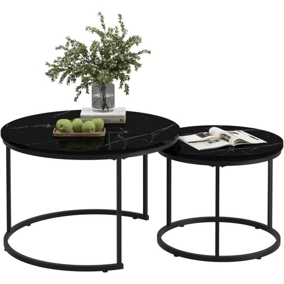 Round Nesting Coffee Table Set of 2, 27.6-inch Round Coffee Side Table, Faux Marble Wooden Table Accent Large Coffee Table with Sturdy Metal Frame, End Tables for Living Room Bedroom Balcony
