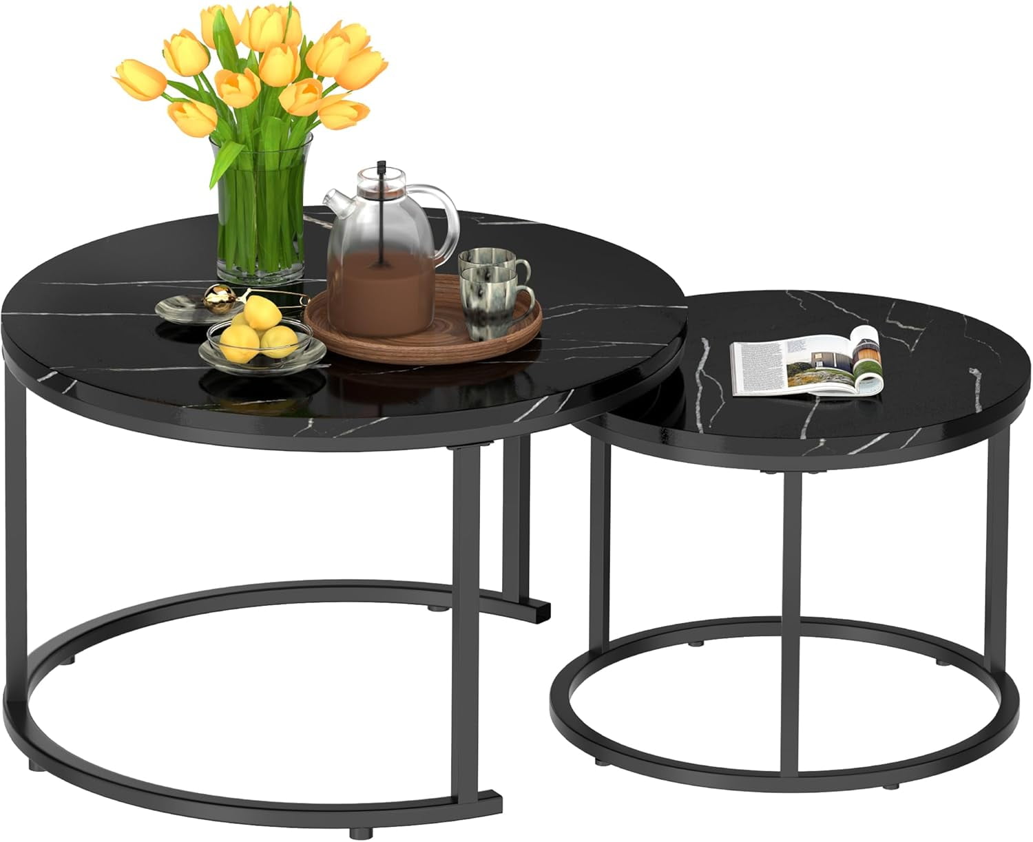 Round Nesting Coffee Table Set of 2, Black Faux Marble & Steel Frame ...