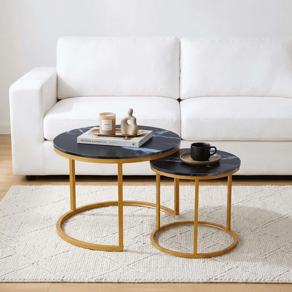 Round Nesting Coffee Table Set of 2, Modern Faux Black Marble End ...