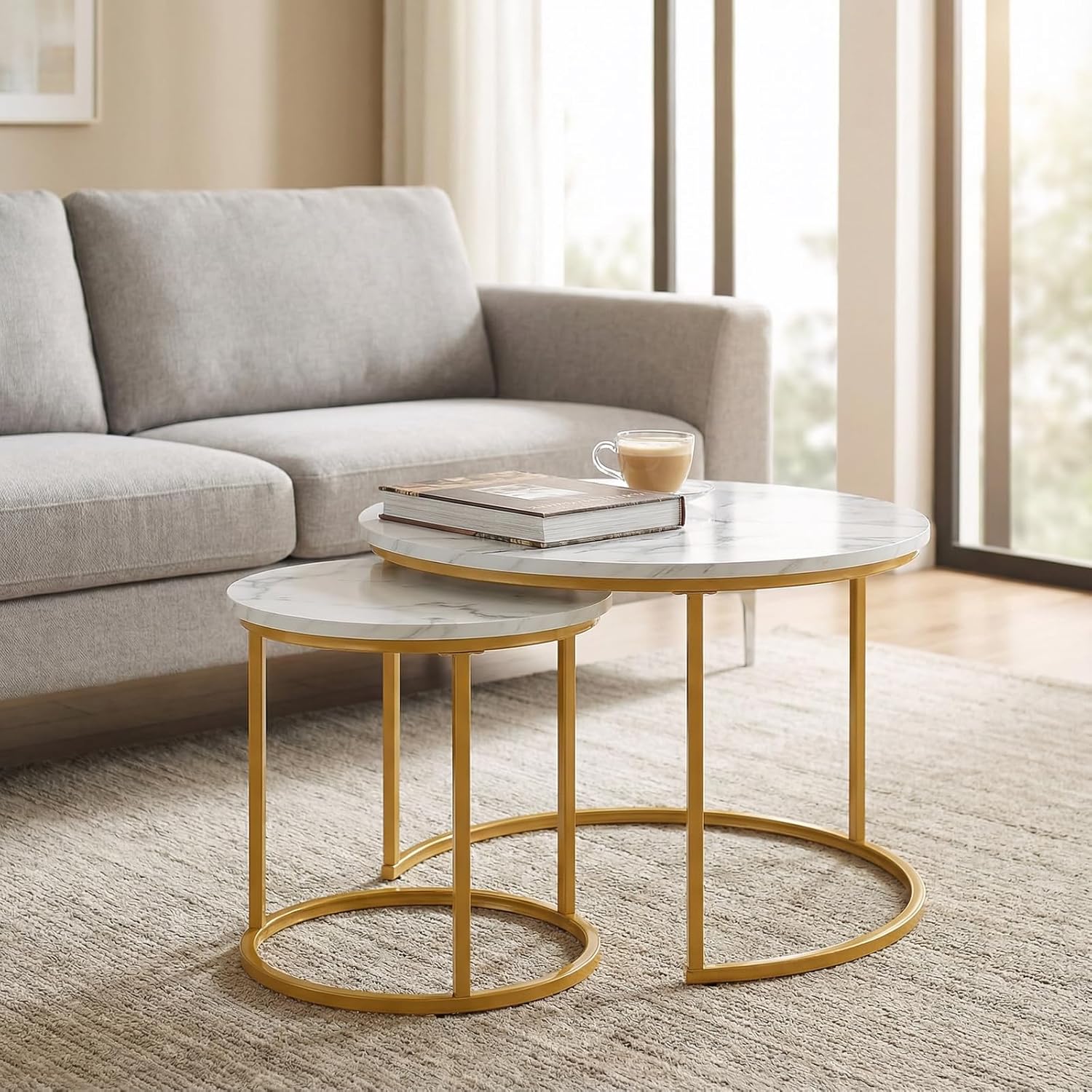 Round Nesting Coffee Table Set of 2, Modern Marble Wooden Nesting ...