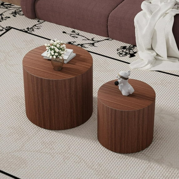 Round Nesting Coffee Table Set of 2 Modern Walnut Round Coffee Table Small End Table Side Table Circular Coffee Tables Circle Nested Coffee Tables for Living Room (Walnut)