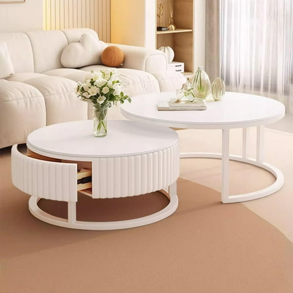 Round Nesting Coffee Table Set of 2 White Marble Coffee Table with Wood Storage Drawer Modern Circle Coffee Tables for Living Room Center Table Mid Century Coffee Table