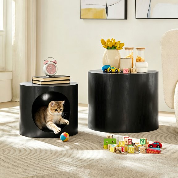 Round Nesting Coffee Table Set of 2, Wood Drum Side Tables with Round Opening for Living Room Bedroom, No Assembly, 18.90 x 18.90 x 14.96in, 14.96 x 14.96 x 12.6in,Black