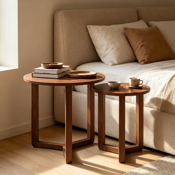 Round Nesting Coffee Table Set of 2, Wood Nesting End Table with Thickened Top & Solid Rubber Wood Legs, Farmhouse Sofa Side Table for Small Spaces, Living Room, Bedroom, Walnut