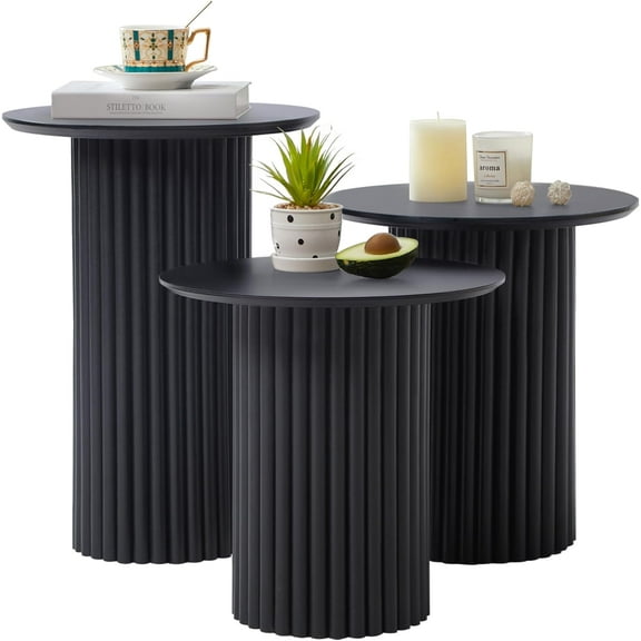Round Nesting Coffee Table Set of 3,Mid Century Modern Fluted Coffee and End Table Set,Small Circle Wooden Side Table Drink Table for Living Room (Black)