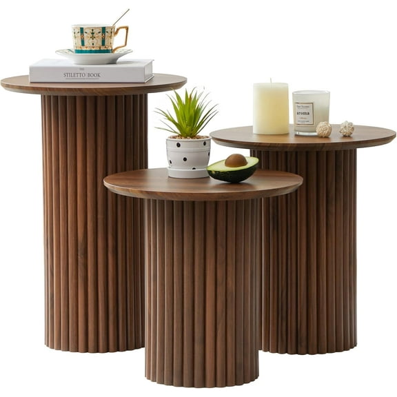 Round Nesting Coffee Table Set of 3,Mid Century Modern Fluted Coffee and End Table Set,Small Circle Wooden Side Table Drink Table for Living Room (Walnut)