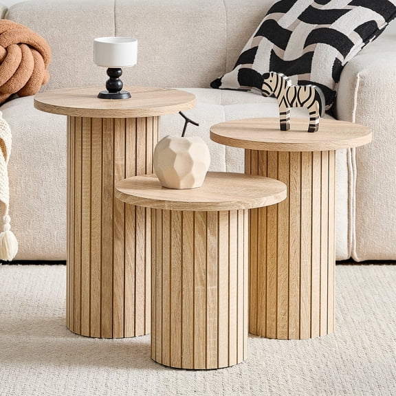 3-Piece Round Nesting Coffee Table, Mid Century Modern Wood Side Tables, Space Saving End Table for Living Room, Home Office, Bedroom, Natural