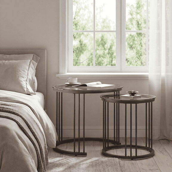 Round Nesting Coffee Table Set of 2, 23.6" Glass Top Coffee Table with Metal Frame, Modern Center Tables for Living Room Bedroom Balcony