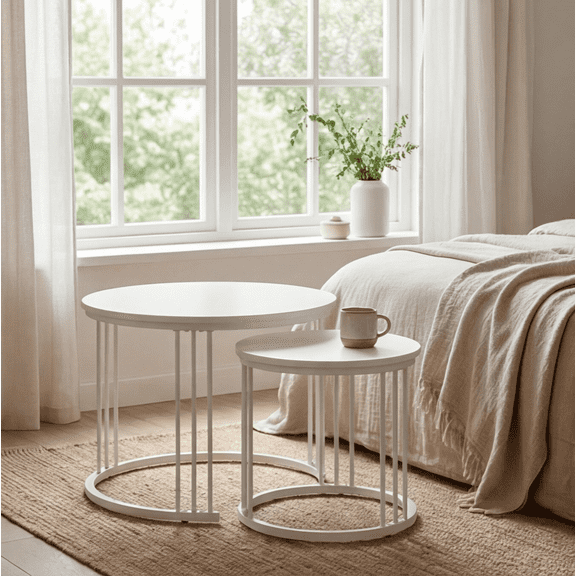 Round Nesting Coffee Table Set of 2, 23.6 Inch Wooden Table with Metal Frame, Stackable Side Tables for Living Room, Bedroom, Balcony