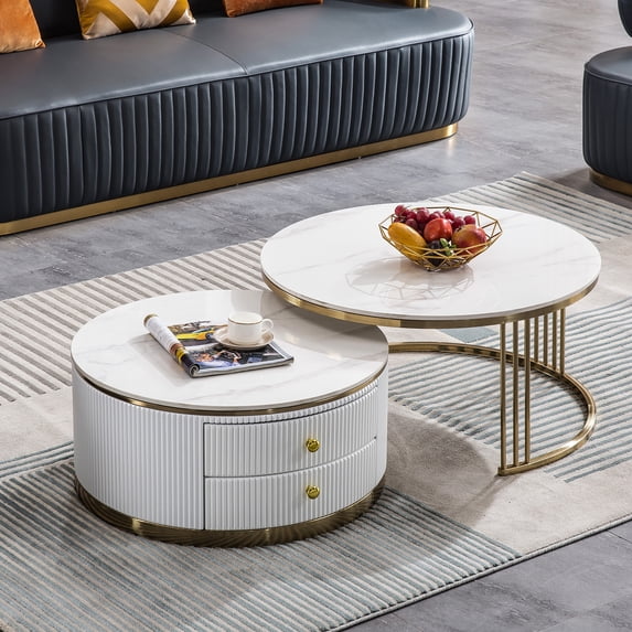 Round Nesting Coffee Table Set of 2, 31.5" Faux Marble Tea Table with 2 Drawers for Living Room, Office