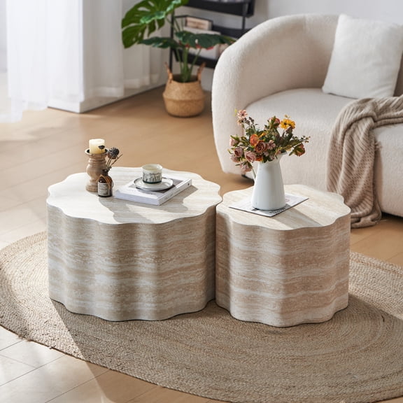 Round Nesting Coffee Table Set of 2, Faux Mars Pattern Center Table, Nested Circle Accent Table Side Table for Living Room