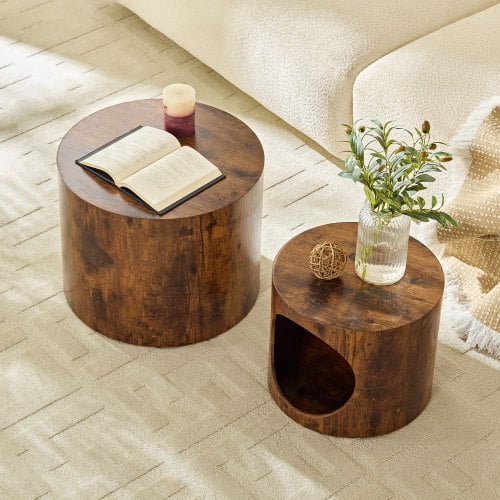 Round Nesting Coffee Table Set of 2 Living Room No Assembly Dark Brown ...