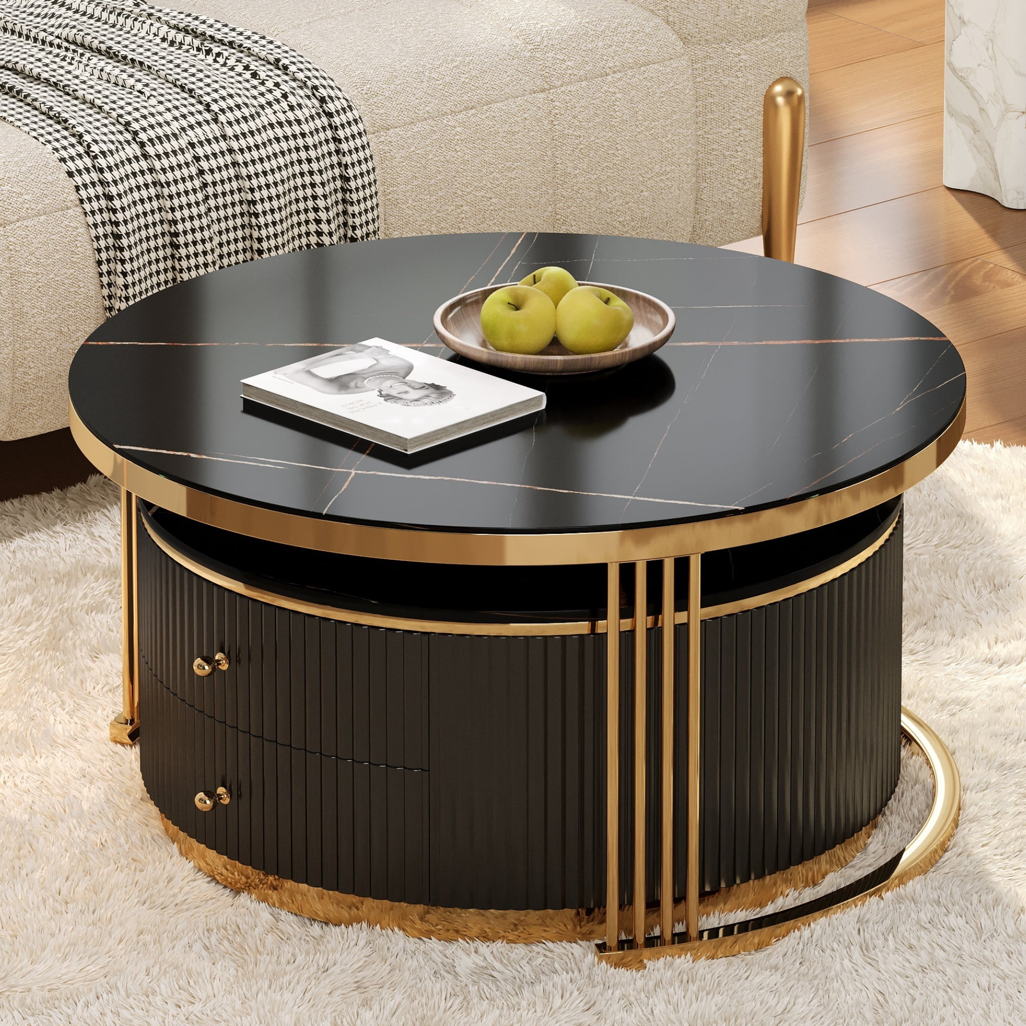 Round Nesting Coffee Table Set of 2, Modern Black MDF Tables with 2 ...