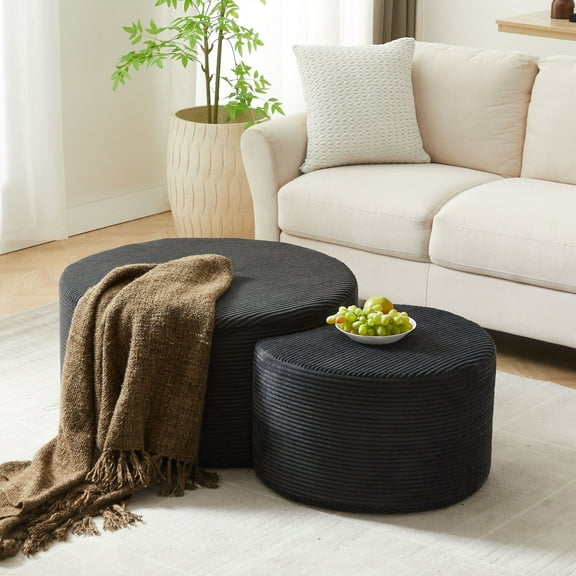 Round Nesting Coffee Table Set of 2, Modern Foam End Table Side Table, Upholstered Circle Accent Tables for Living Room, Black