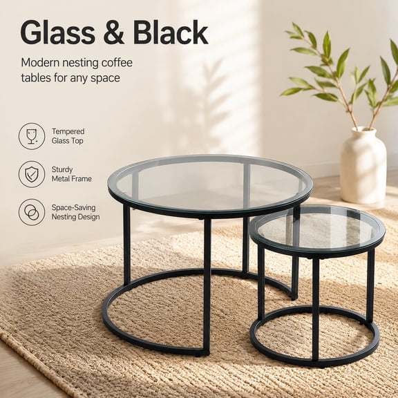 Round Nesting Coffee Table Set of 2, Modern Glass Stacking End Tables, Minimalist Clear Tempered Glass Tables for Living Room Bedroom Small Spaces