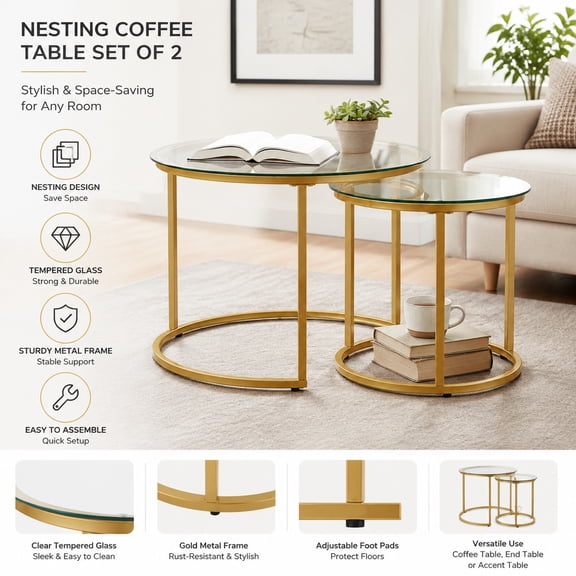 Round Nesting Coffee Table Set of 2, Modern Glass Stacking Tables, Minimalist Clear Tempered Glass End Tables with Gold Frame for Living Room Bedroom